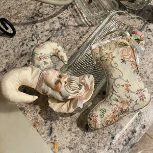 VTG Victorian Style Floral Santa and Boot Ornament Set Porcelain Santa Face